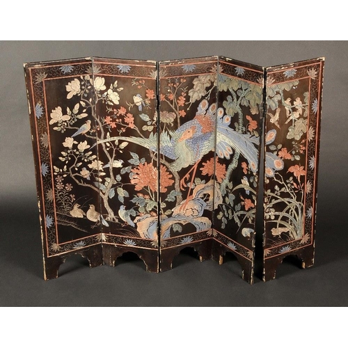 1664 - A Chinese lacquer five fold screen, carved and decorated in polychrome, with figures in a Pagoda lan... 