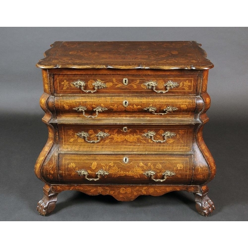 1672 - A Dutch mahogany and marquetry bombe shaped commode, the shaped oversailing top inlaid with a basket... 