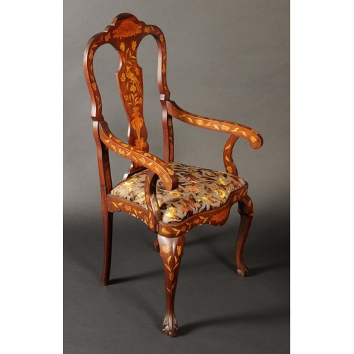 1673 - A Dutch mahogany and marquetry elbow chair, tall back with shaped cresting rail and splat, drop-in s... 