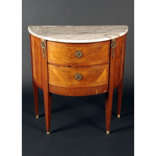 1676 - A French gilt metal mounted kingwood demi-lune commode, marble top above two deep drawers, tapered s... 