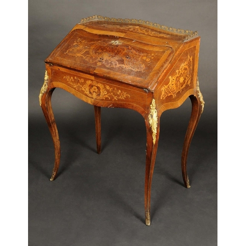 1683 - A French Louis XV Revival gilt metal mounted rosewood and marquetry bureau du dame, pierced three-qu... 