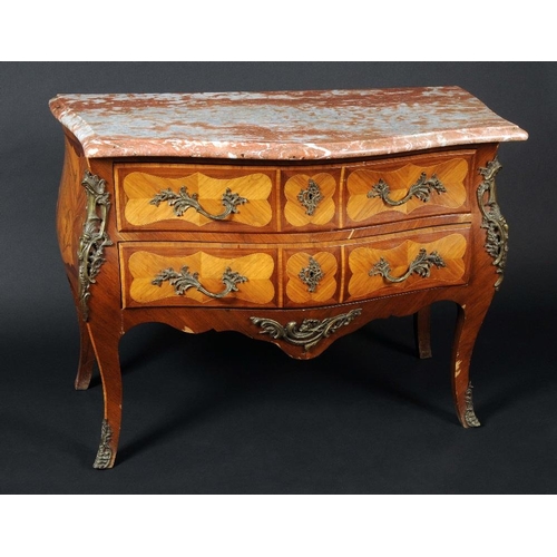 1684 - A French Louis XV Revival ormolu mounted bombe shaped commode, moulded blush marble top above two lo... 