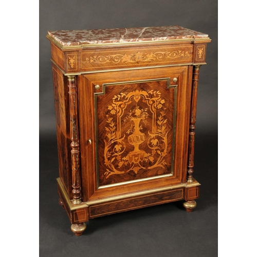 1685 - A French Louis XV Revival rosewood and marquetry pier cabinet, marble top above a rectangular panell... 