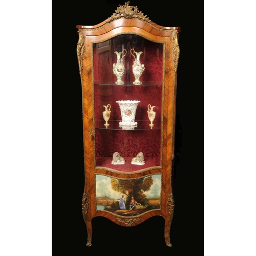 1686 - A French Louis XV style gilt metal mounted kingwood and vernis Martin serpentine vitrine, arched cre... 