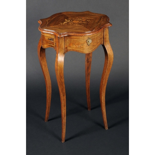 1688 - A French rosewood and marquetry shaped oval occasional table, moulded quarter-veneered top inlaid wi... 