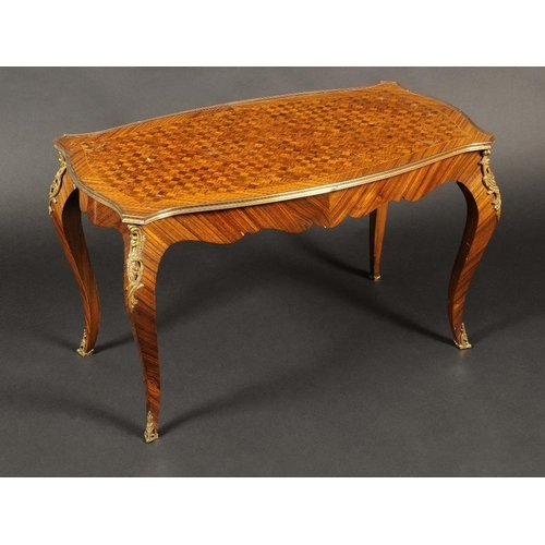 1689 - A French Transitional style gilt metal mounted kingwood and parquetry sitting room table, the serpen... 