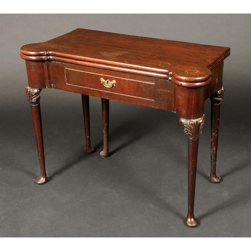 1690 - A George II mahogany card table, possibly Irish, hipped rectangular top enclosing a baize lined play... 