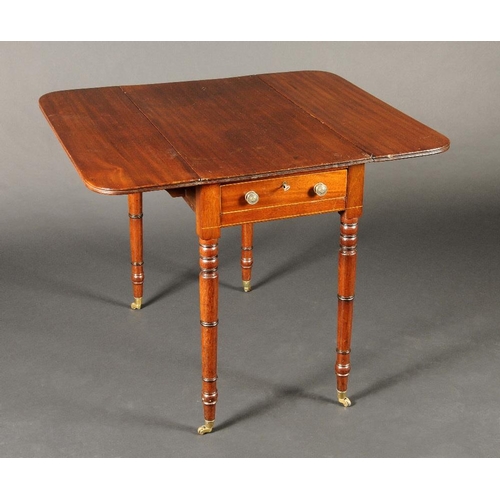 1705 - A George III mahogany Pembroke table, rounded rectangular moulded top with fall leaves, drawer to en... 