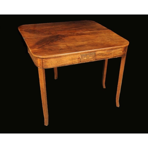 1707 - A George III mahogany rounded rectangular tea table, folding top above a deep frieze outlined and in... 