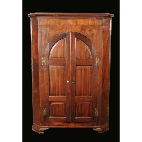 1708 - A George III mahogany splay fronted wall hanging corner cupboard, moulded cornice above a pair of ar... 