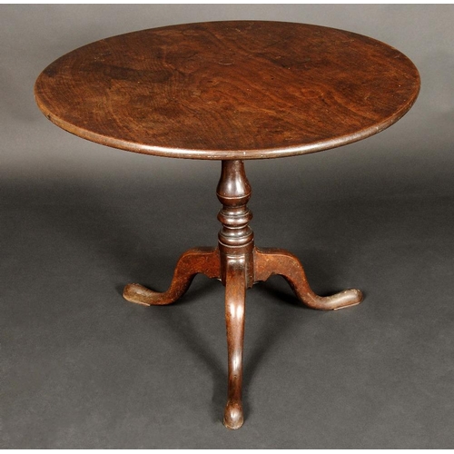 1713 - A George III mahogany tripod supper table, circular tilting one piece top, birdcage support, turned ... 