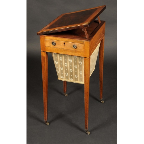 1731 - A George III satinwood crossbanded mahogany work table, hinged top adjustable on a ratchet, above a ... 