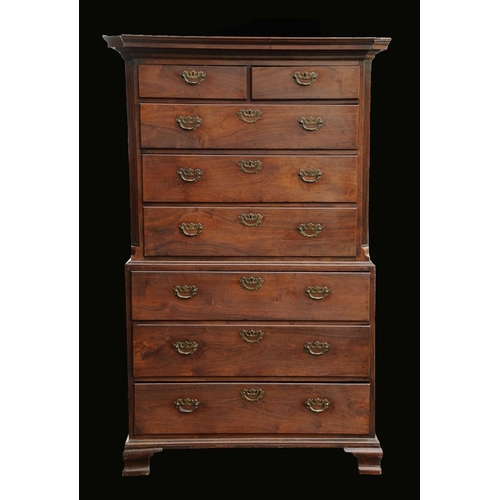 1732 - A George III solid rosewood chest on chest, moulded cornice above two short and three long graduated... 