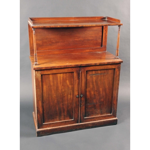 1737 - A George IV mahogany side cabinet, rectangular superstructure, with three quarter gallery above a ni... 