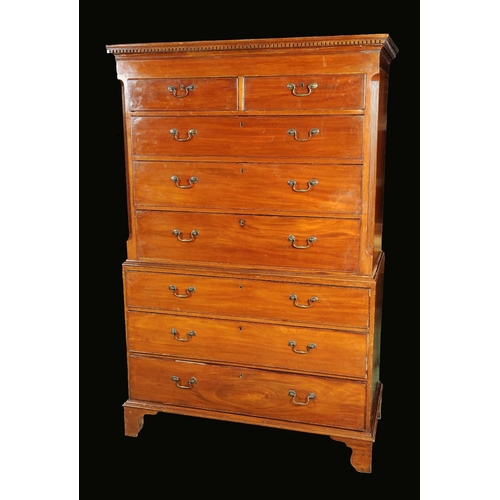 1737A - A George III mahogany chest on chest, dentil cornice above two short and three long graduated cockbe... 