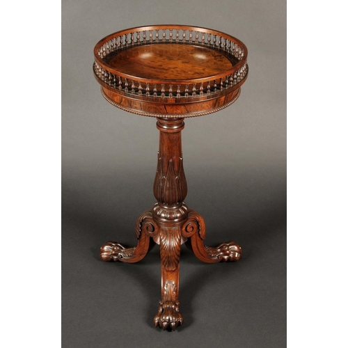 1741 - A George IV rosewood circular tripod wine table, attributed to Gillows of Lancaster, baluster galler... 