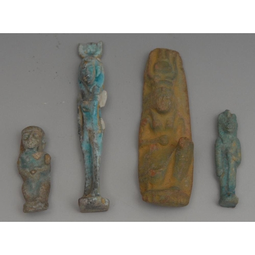 2572 - Egyptian blue Faience figure, Hathor, 6.5cm; others (4)