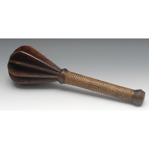 2574 - A Polynesian ula or throwing club, fluted end, woven grip, 40cm high