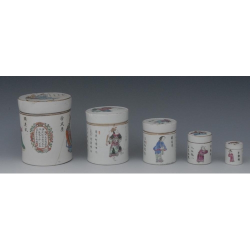 66 - A set of five Chinese porcelain graduated cylindrical jars and covers, each painted in polychrome en... 