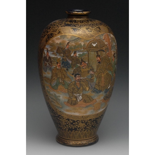 81 - A large Japanese satsuma ovoid vase, painted in polychrome and raised gilt with a meeting of elders,... 