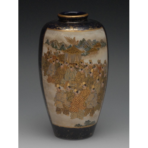 84 - A Japanese Satsuma ovoid vase, painted and gilt with an imperial procession to verso with bamboo and... 