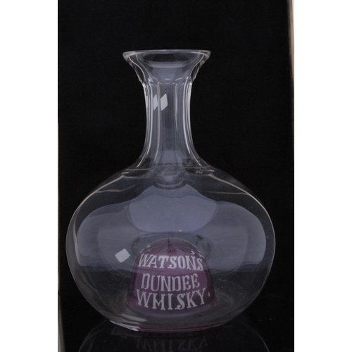 1085 - Watson's Dundee Whisky - a globular water decanter, kick-up cranberry base inscribed in white enamel... 