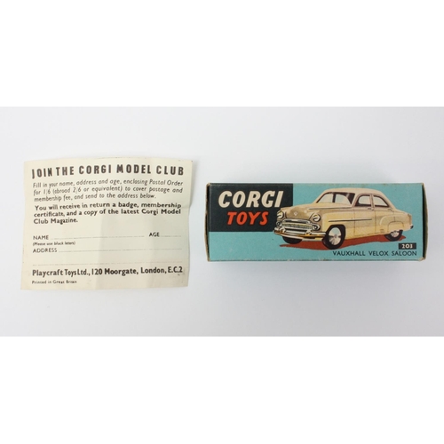 11 - Corgi Toys 203 Vauxhall Velox Saloon, cream body, flat spun hubs, boxed with 'Join The Corgi Model C... 