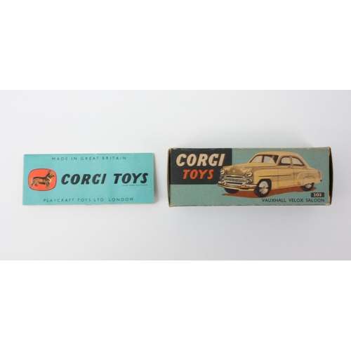 12 - Corgi Toys 203 Vauxhall Velox Saloon, yellow body with red roof, flat spun hubs, boxed with full col... 