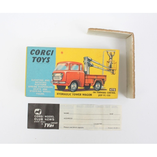 136 - Corgi Toys 478 Jeep Tower Wagon, metallic green body, yellow platform, plastic figure, boxed with 'J... 