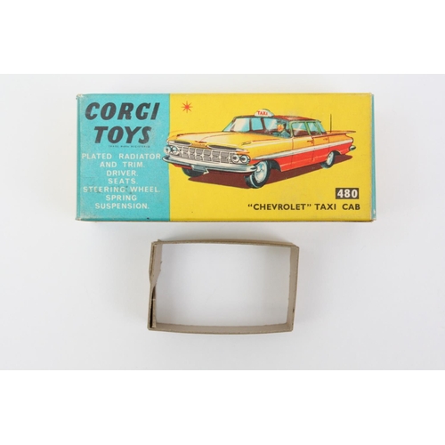 137 - Corgi Toys 480 Chevrolet Impala Taxi, yellow and red body, red roof, spun hubs, cream paint dot coll... 