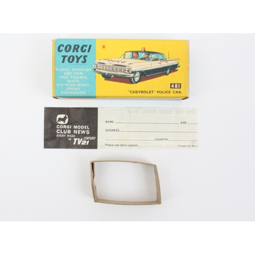 138 - Corgi Toys 481 Chevrolet Police car, white and black body, red roof light, two Policemen figures, bo... 