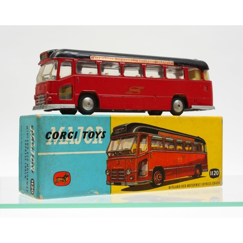 146 - Corgi Toys 1120 Midland Motorway Express coach, red body, black roof, flat spun hubs, lemon yellow i... 