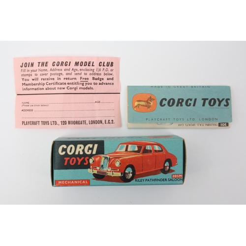 16 - Corgi Toys 205M Riley Pathfinder Saloon, navy blue body, flat spun hubs, boxed with pink 'Join The C... 