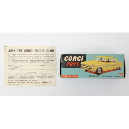 21 - Corgi Toys 207M Standard Vanguard III Saloon, primrose yellow body, flat spun hubs, boxed with 'Join... 