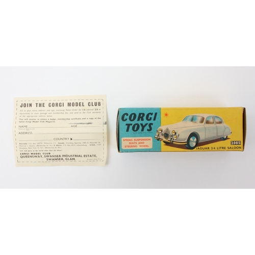 24 - Corgi Toys 208S Jaguar 2.4 Litre Saloon, pale lemon yellow body, red interior, flat spun hubs, boxed... 