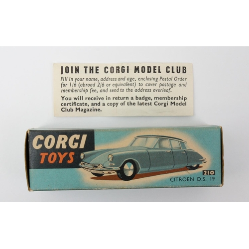 26 - Corgi Toys 210 Citroen D.S.19, metallic dark green body with black roof, boxed with 'Join The Corgi ... 