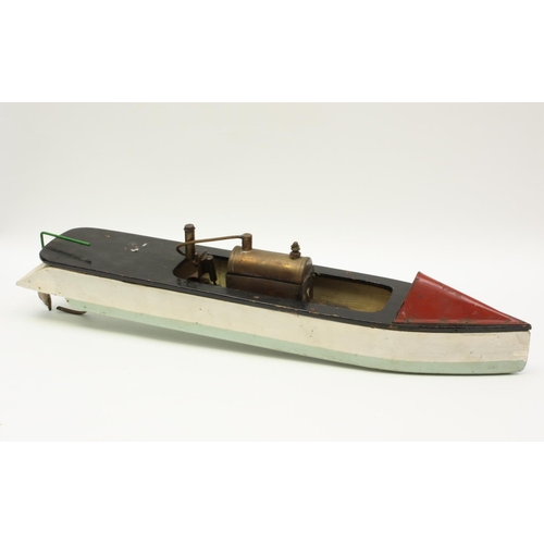 274 - A scratchbuilt wooden steam motor boat, light green and cream body, black deck and red metal front p... 