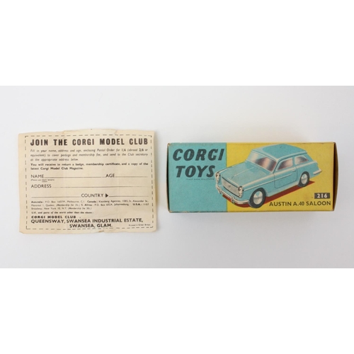 33 - Corgi Toys 216 Austin A.40 Saloon, two tone blue body, slat spun hubs, boxed with 'Join The Corgi Mo... 