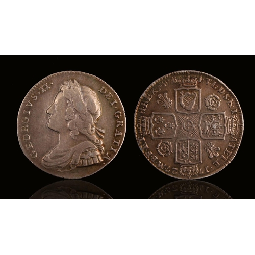 348 - Coin, Great Britain, George II, 1/-, 1727, Roses and Plumes, slight weakness, F-VF