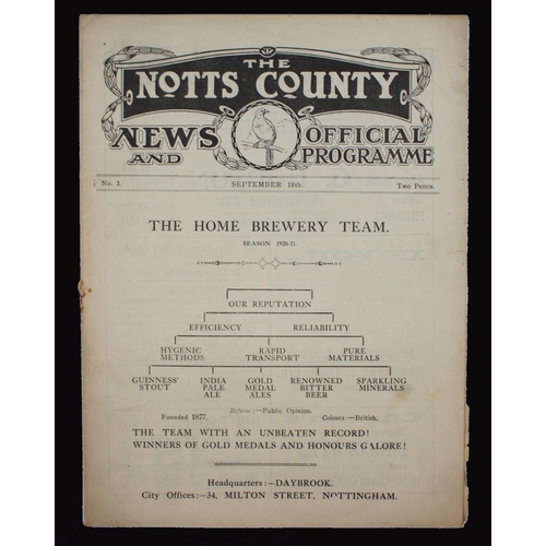 357 - Sport, Football, Programme, 1920, No3., Notts County home game v Nottingham Forest, September 18th, ... 