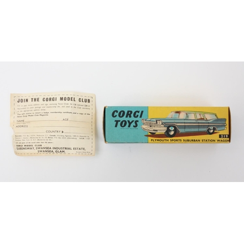 36 - Corgi Toys 219 Plymouth Sports Suburban Station Wagon, cream body, fawn roof, red interior, smooth f... 