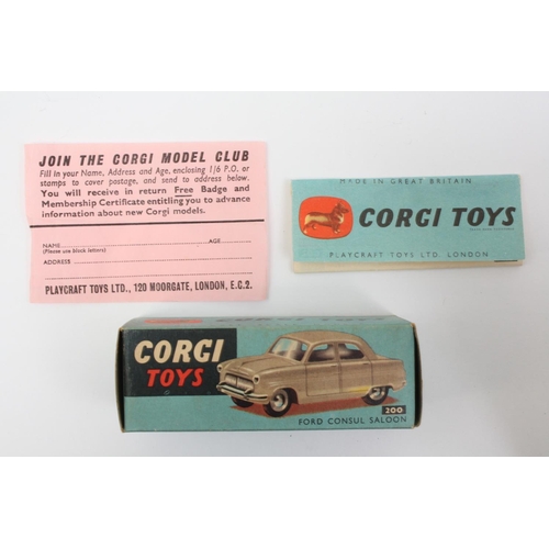 4 - Corgi Toys 200 Ford Consul Saloon, fawn body, flat spun hubs, boxed with pink 'Join The Corgi Model ... 