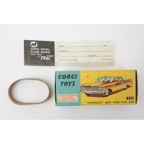 40 - Corgi Toys 221 Chevrolet New York Taxi cab, yellow body, red interior, smooth hubs, boxed with inner... 