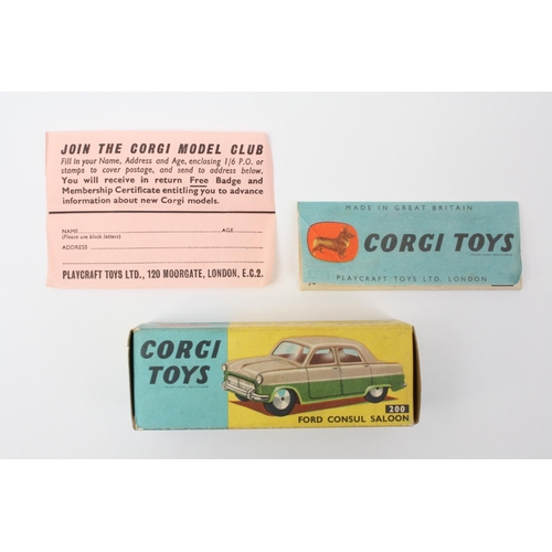 5 - Corgi Toys 200 Ford Consul Saloon, pale grey and green body, flat spun hubs, boxed with pink 'Join T... 