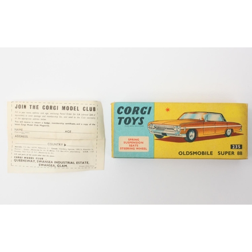 53 - Corgi Toys 235 Oldsmobile Super 88, metallic steel blue top and bottom, white side flash, red interi... 