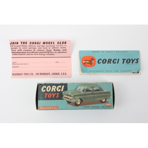 6 - Corgi Toys 200M Ford Consul Saloon, bright green body, flat spun hubs, boxed with 'Join The Corgi Mo... 