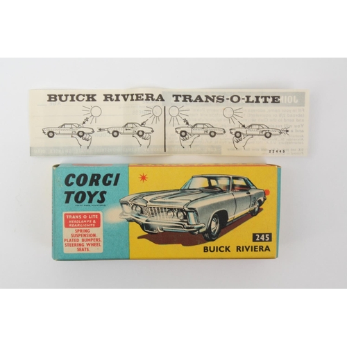 60 - Corgi Toys 245 Buick Riviera, metallic gold body, red interior, spoked hubs, boxed with 'Join The Co... 