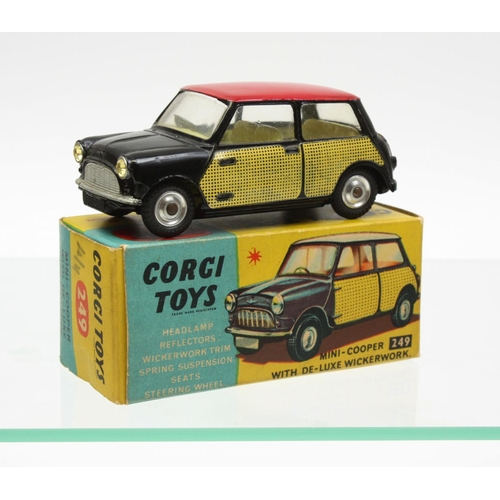 64 - Corgi Toys 249 Mini Cooper DeLuxe, black body, red interior, lemon yellow interior, yellow wicker ty... 