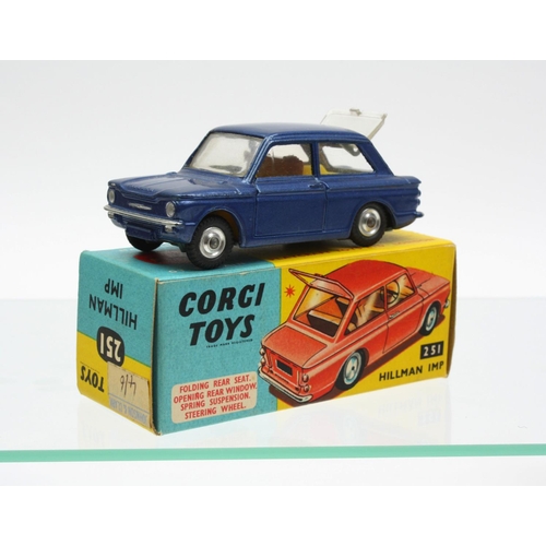 65 - Corgi Toys 251 Hillman Imp, metallic blue body, yellow interior, spun hubs, luggage to back shelf, b... 