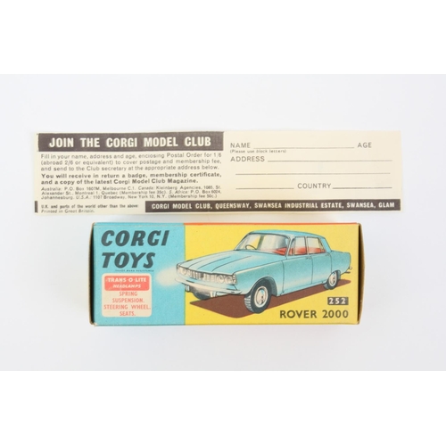 66 - Corgi Toys 252 Rover 2000, metallic blue body, red interior, spun hubs, boxed with 'Join The Corgi M... 